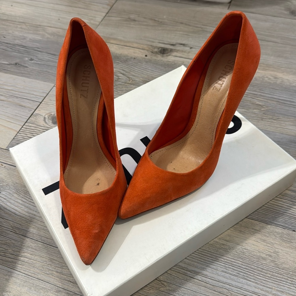 Schutz suede orange heels